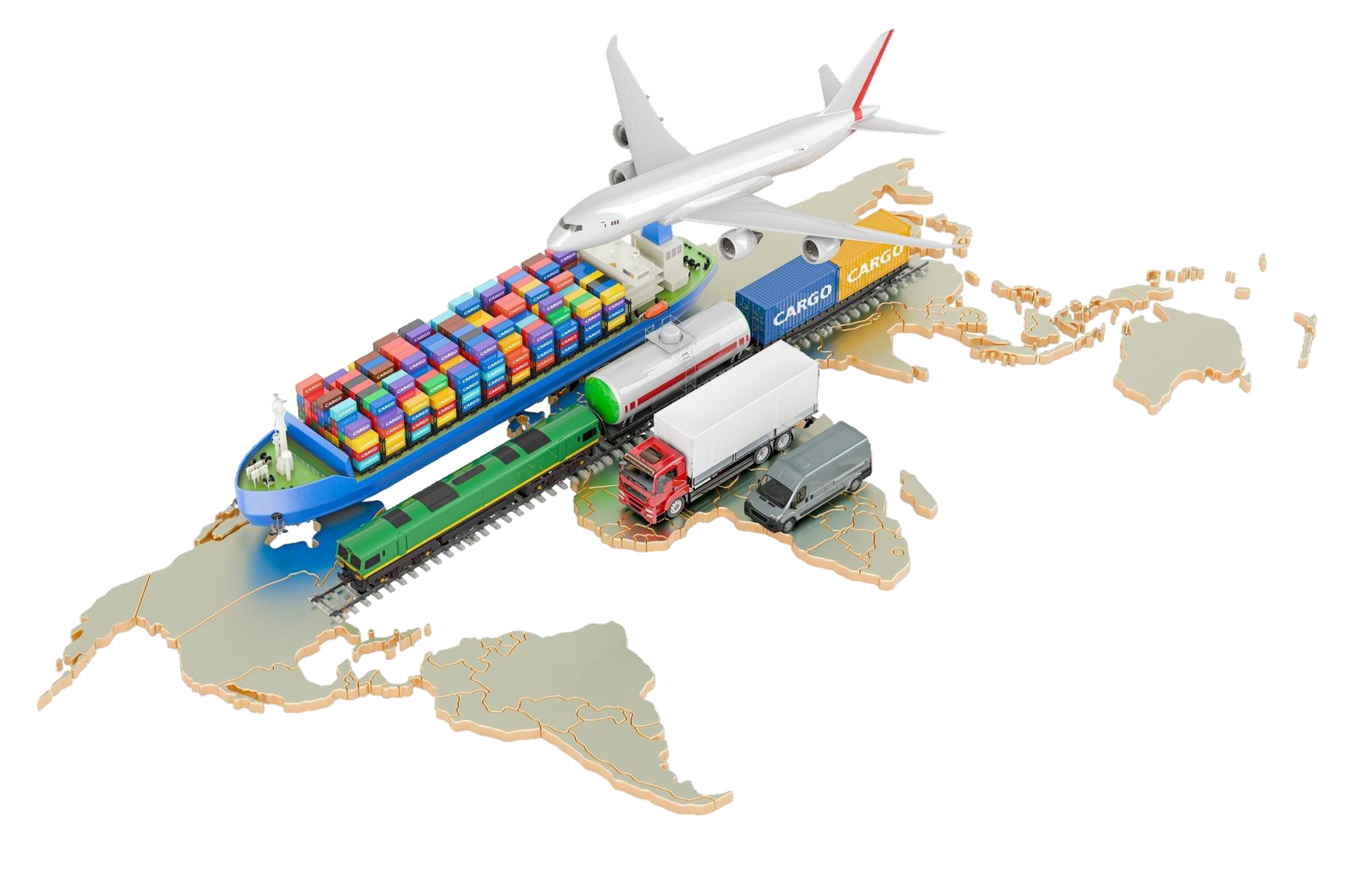 Global logistics network showing truck, train, ship, and world map for international trade contact