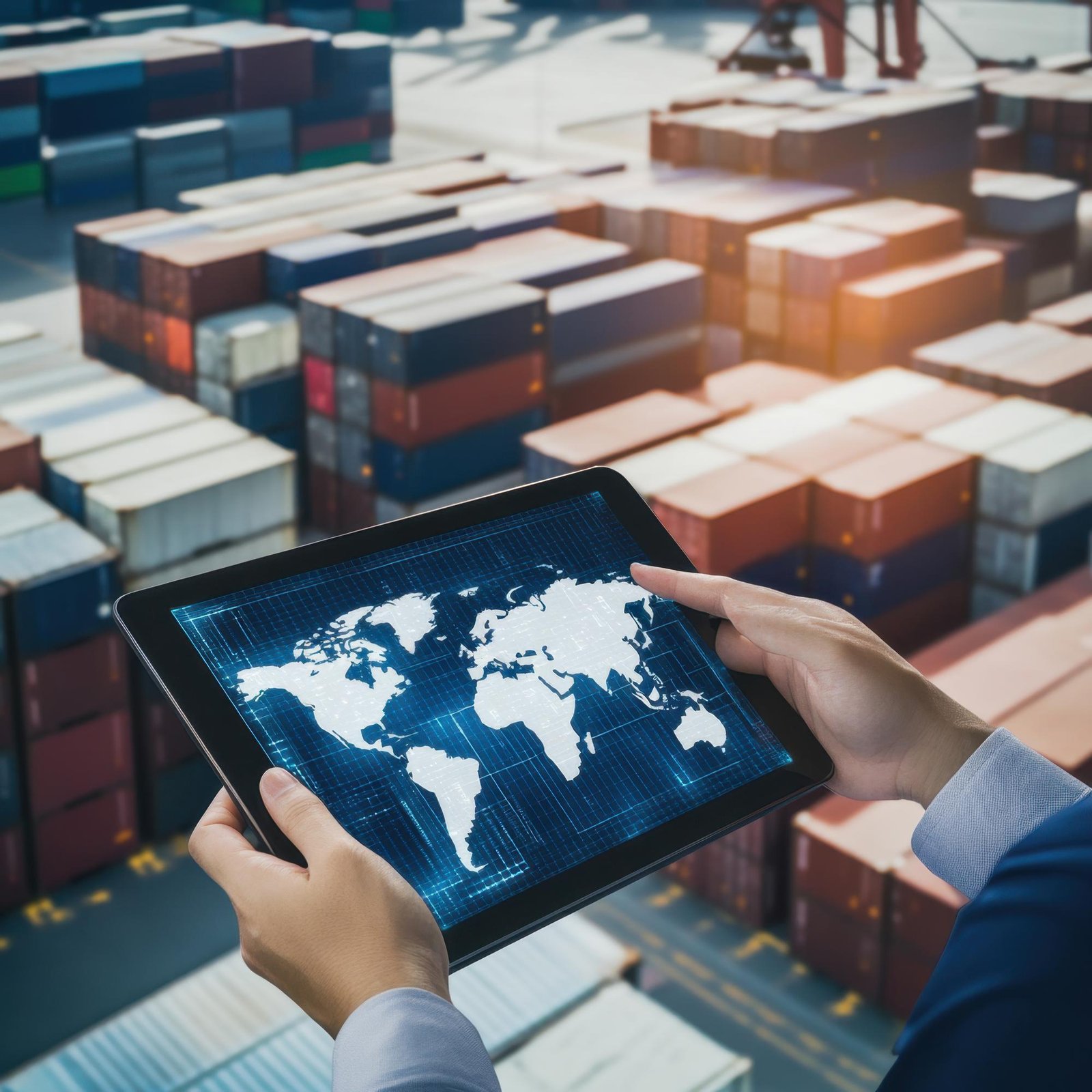 Business professional analyzing export logistics data on tablet with shipping containers