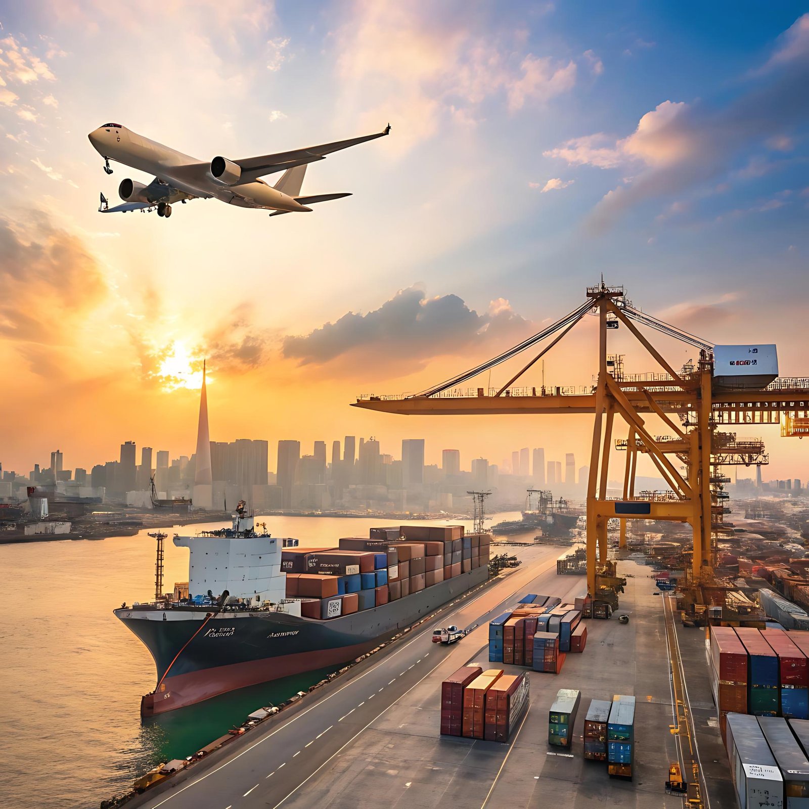 Cargo ship docked at international port with airplane flying above